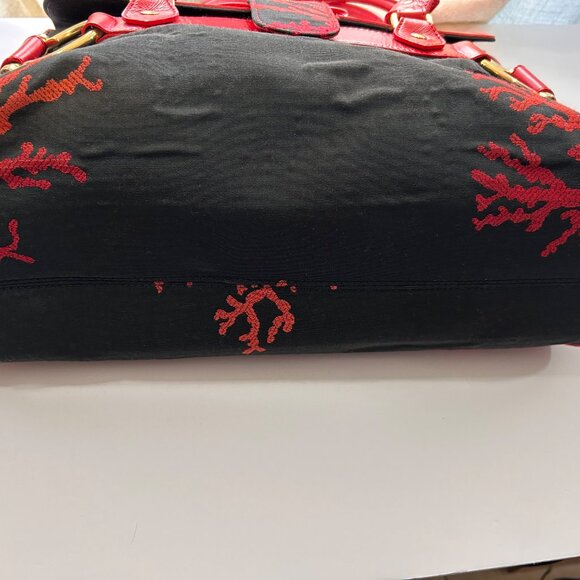 Le Duchesse Made-in-Italy Red Leather & Black Jacquard Tapestry Satchel. - Picture 11 of 14